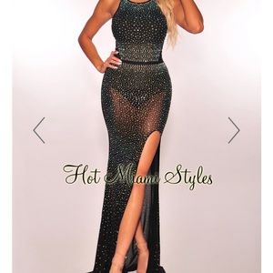 Black  Rhinestone Studded Slit Gown